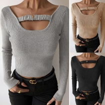 Fashion Solid Color Long Sleeve U-neck Slim Fit Knit Top