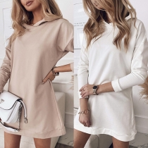 Casual Style Long Sleeve Hooded Solid Color Loose Sweatshirt Dress