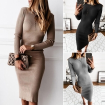 Sexy Chain Backless Long Sleeve Round Neck Solid Color Slim Fit Knit Dress