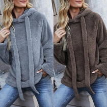 Fashion Solid Color Long Sleeve Drawstring Hooded Plush Sweatshirt （Size Run Small）