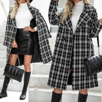 OL Style Long Sleeve Notched Lapel Double-breasted Houndstooth Windbreaker Coat