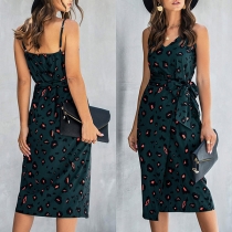 Sexy Backless V-neck Slit Hem Tie-belt Sling Printed Dress