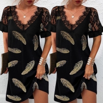 Sexy Lace Spliced Short Sleeve V-neck Feather Printed Summer Dress