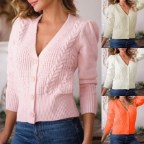 Simple Style Long Sleeve V-neck Single-breasted Solid Color Knit Cardigan