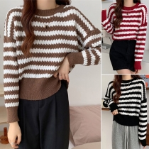 Fashion Contrast Color Long Sleeve Round Neck Sweater