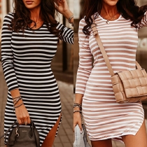 Fashion Long Sleeve Round Neck Slit Hem Slim Fit Stripe Dress