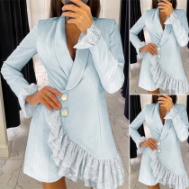 OL Style Long Sleeve Lace Spliced Irregular Hem Solid Color Dress