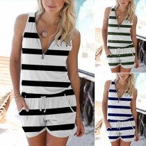 Casual Style Zipper V-neck Sleeveless Drawstring Waist Stripe Romper