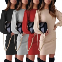 Elegant Solid Color Long Sleeve Round Neck Slim Fit Ruffle Dress
