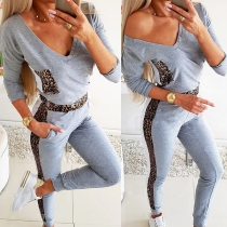 Fashion Leopard Spliced Long Sleeve V-neck T-shirt + Pants Two-piece Set