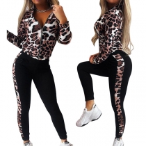 Casual Style Long Sleeve Leopard Printed Zipper Top + Pants Sports Suit