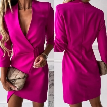 OL Style Long Sleeve V-neck Irregular Hem Slim Fit Suit Dress