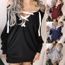 Sexy Lace-up V-neck Long Sleeve Loose Sweatshirt Dress