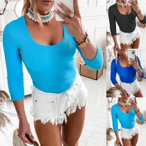 Simple Style Long Sleeve Round Neck Solid Color Slim Fit T-shirt