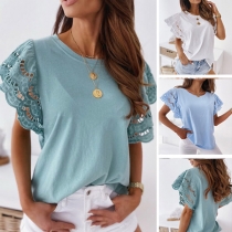 Fashion Lace Spliced Lotus Sleeve Round Neck Solid Color T-shirt