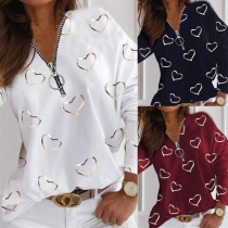 Casual Style Long Sleeve Zipper V-neck Heart Printed Loose T-shirt