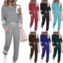Fashion Contrast Color Long Sleeve Round Neck Top + Pants Two-piece Set