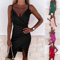 Sexy Backless V-neck Slit Hem Solid Color Slim Fit Sling Dress