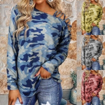 Sexy Hollow Out Long Sleeve Camouflage Printed T-shirt