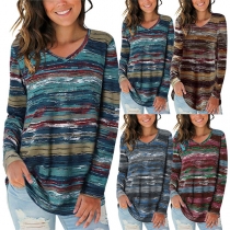 Casual Style Long Sleeve V-neck Loose Printed T-shirt