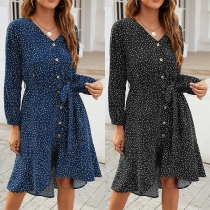 Sweet Style Long Sleeve V-neck Single-breasted Ruffle Hem Dots Printed Dress