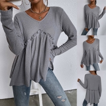 Casual Style Long Sleeve V-neck Solid Color Stringy Selvedge T-shirt