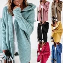 Fashion Solid Color Dolman Sleeve Hooded Loose Knit Cardigan