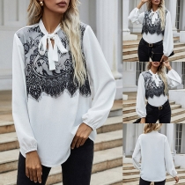 Sweet Style Long Sleeve Lace-up Bow-knot Collar Lace Spliced Blouse