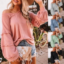 Sweet Style Lantern Sleeve V-neck Solid Color Ruffle Top