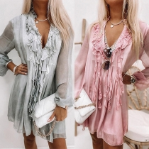 Sexy Ruffle Tassel V-neck Long Sleeve Solid Color Loose Chiffon Dress