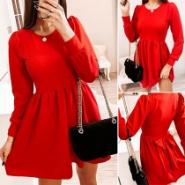 Fashion Solid Color Long Sleeve Round Neck Tie-belt Dress