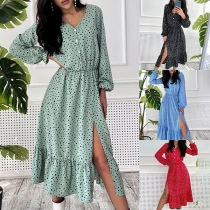Fresh Style Long Sleeve V-neck Slit Hem Dots Printed Dress