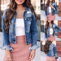 Fashion Long Sleeve POLO Collar Single-breasted Ripped Denim Coat