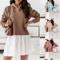 Fashion Contrast Color Long Sleeve Hooded Mock Two-piece Dress
