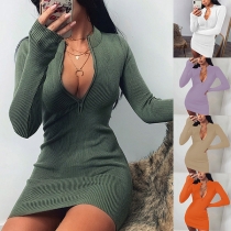 Sexy V-neck Long Sleeve Solid Color Tight Mini Dress