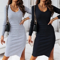 Sexy Slit Hem Long Sleeve V-neck Solid Color Slim Fit Dress