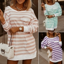 Casual Style Long Sleeve Round Neck Loose Stripe T-shirt Dress