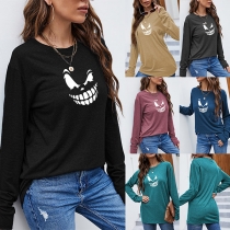 Casual Style Funny Pattern Long Sleeve Round Neck Loose T-shirt