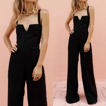Sexy Backless V-neck High Waist Solid Color Sling Jumpsuit