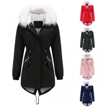 Fashion Faux Fur Spliced Hooded Plush Lining Solid Color Padded Coat