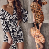 Sexy Deep V-neck Long Sleeve Tie-belt Zebra-stripe Printed Dress