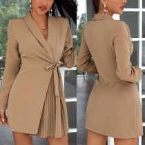 OL Style Long Sleeve Notched Lapel Pleated Hem Solid Color Suit Dress