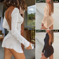 Sexy Backless Solid Color Long Sleeve Slim it Knit Beach Dress