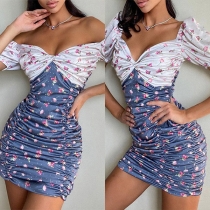 Sexy Off-shoulder Boat Neck Short Sleeve Contrast Color Printed Dress