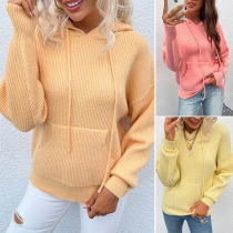 Fashion Solid Color Long Sleeve Hooded Front-pocket Knit Top