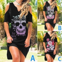 Sexy Off-shoulder Short Sleeve V-neck Skull Head Printed Dress
