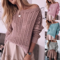 Fashion Solid Color Long Sleeve Round Neck Hollow Out Knit Sweater