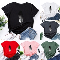 Casual Style Short Sleeve Round Neck Feather Pattern Loose T-shirt