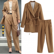OL Style Long Sleeve Solid Color Blazer + High Waist Pants Suit Set