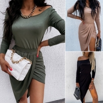 Chic Style Irregular Slit Hem Long Sleeve Round Neck Solid Color Dress
